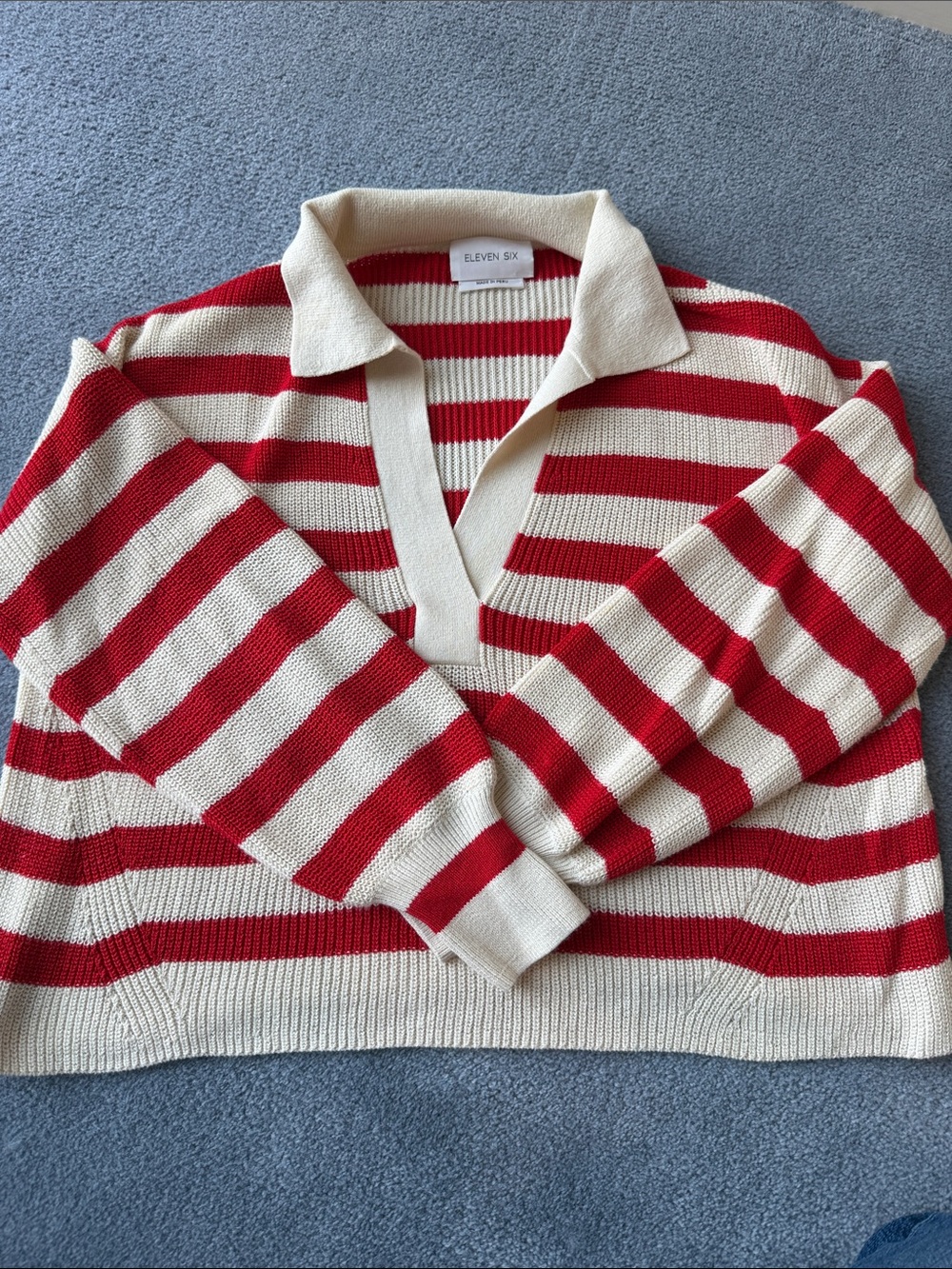 ELEVEN SIX Red & Cream Striped V-Neck Polo Sweater